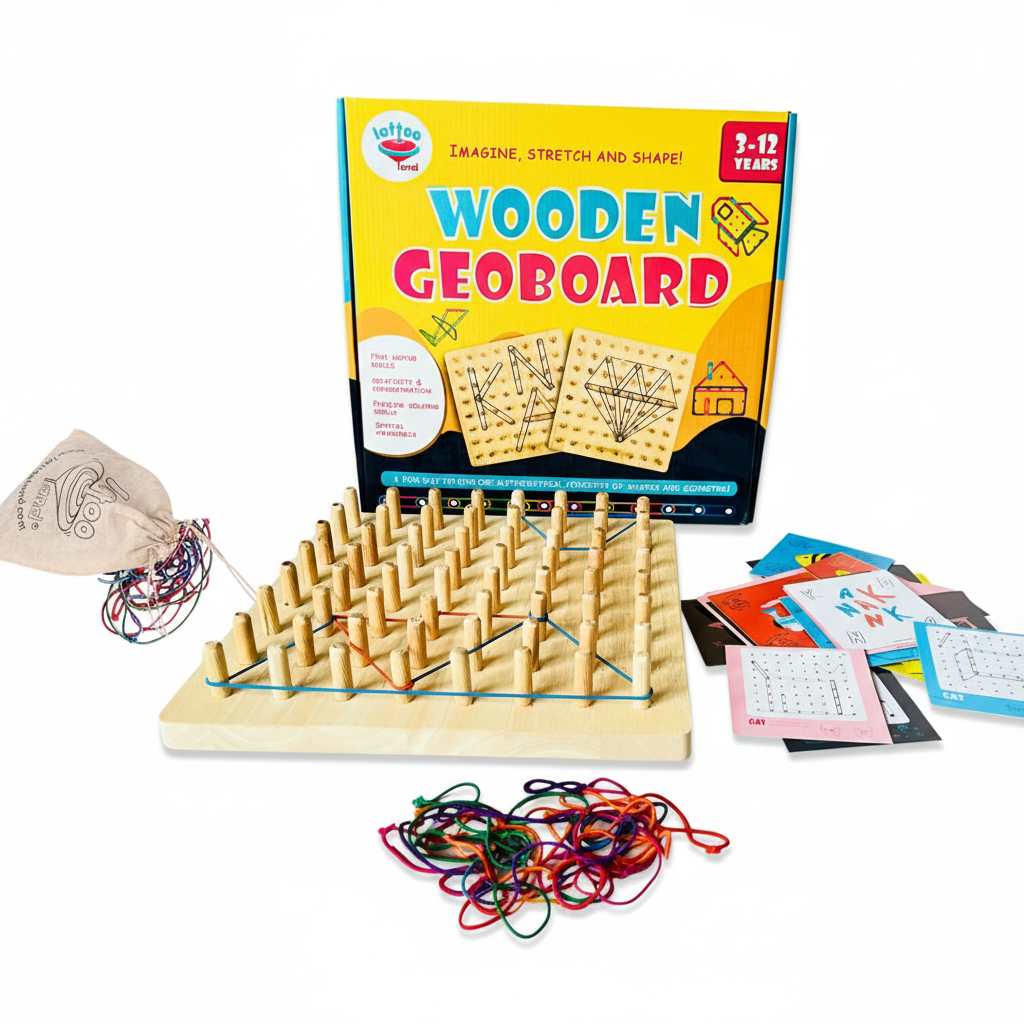 Wooden geoboard with packaging, rubber bands, and educational materials on a white background