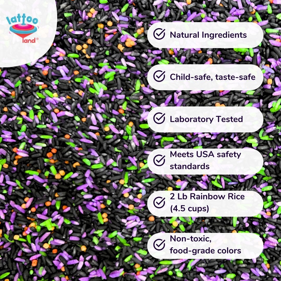 Close-up of Halloween sensory mix colored rice