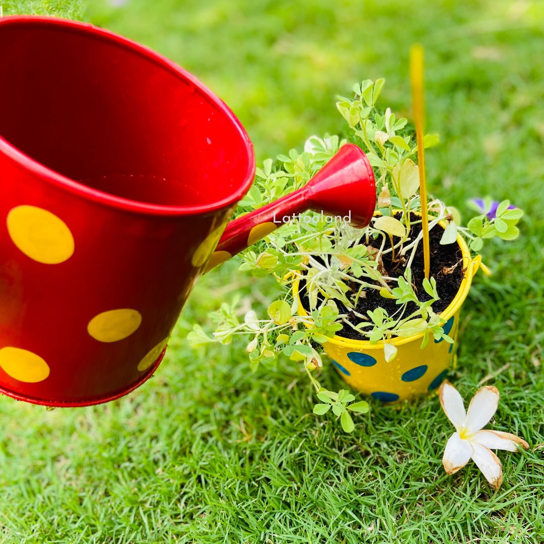 A kid happily using garden tools for kids outdoors, engaging in creative gardening play and motor skills development with interactive, non-toxic gardening materials. kids plant pot and watering can flower grow kit