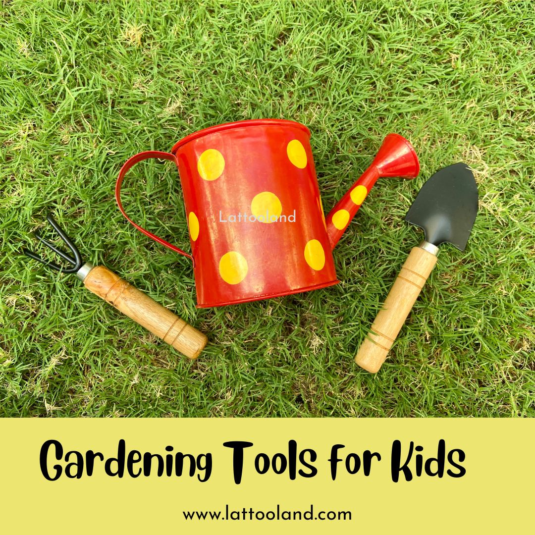 Children's garden tools set with eco-friendly metal and wood trowel, fork, and bright red watering can. Perfect for kids gardening, STEM outdoor toys, and hands-on gardening activities. Child-friendly beach and garden toy tool spade fork watering can