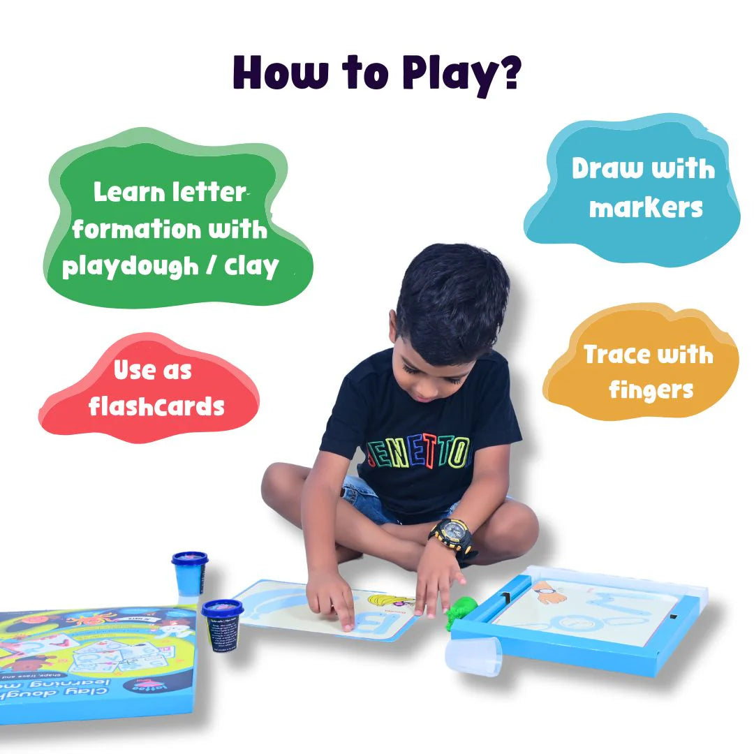Kids playing and learning with playdough educational mats