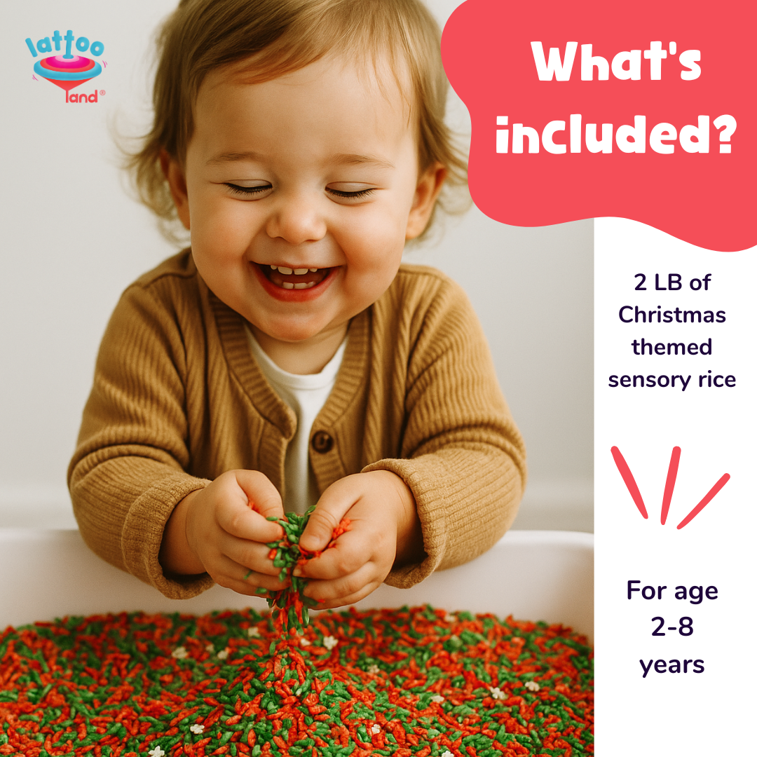 Montessori Christmas sensory bin activity using festive colored rice