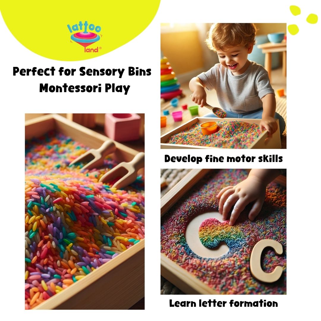 Preschool sensory bin rice set with six bright colors for open-ended learning.