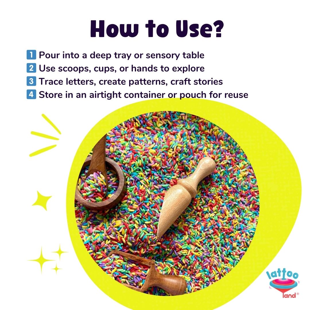 Child scooping rainbow sensory rice to develop fine motor skills