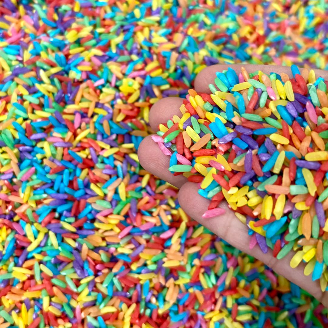 Rainbow Rice Sensory Bin Filler with bright, multicolor rice for kids