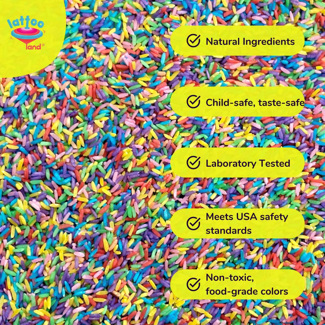 Sensory bin filler rainbow rice perfect for kids scooping, pouring, sorting, and play trays.