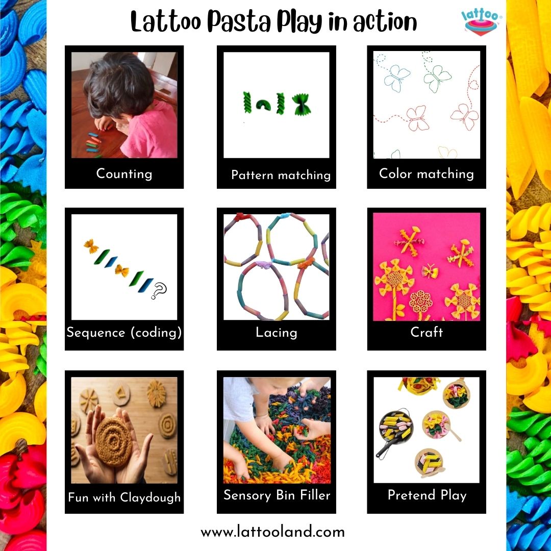 The Sensory Pasta Pretend Play Set as a sensory bin filler, offering educational toys for toddlers, ideal for calming sensory activities and multisensory play kits. Number of ways to play with sensory pasta