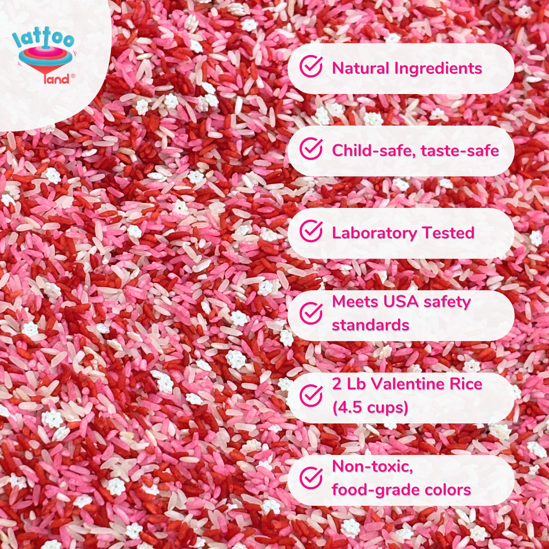 Valentine sensory bin for kids using colorful rice sensory bin fillers