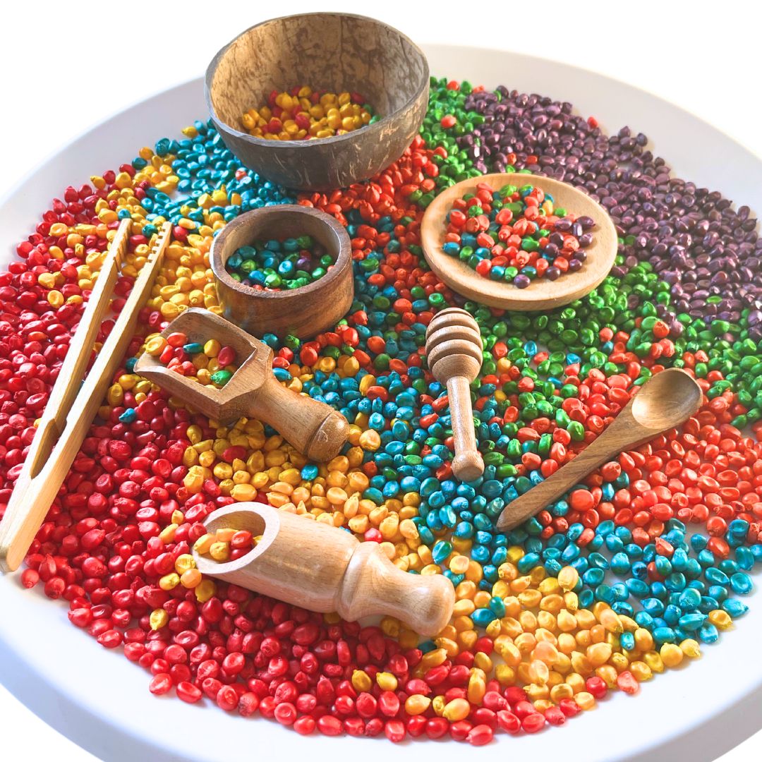 Wooden sensory bin tools set designed for toddlers and young children. Includes durable, child-friendly tools for tactile exploration, fine motor skill development, and creative play in sensory bins